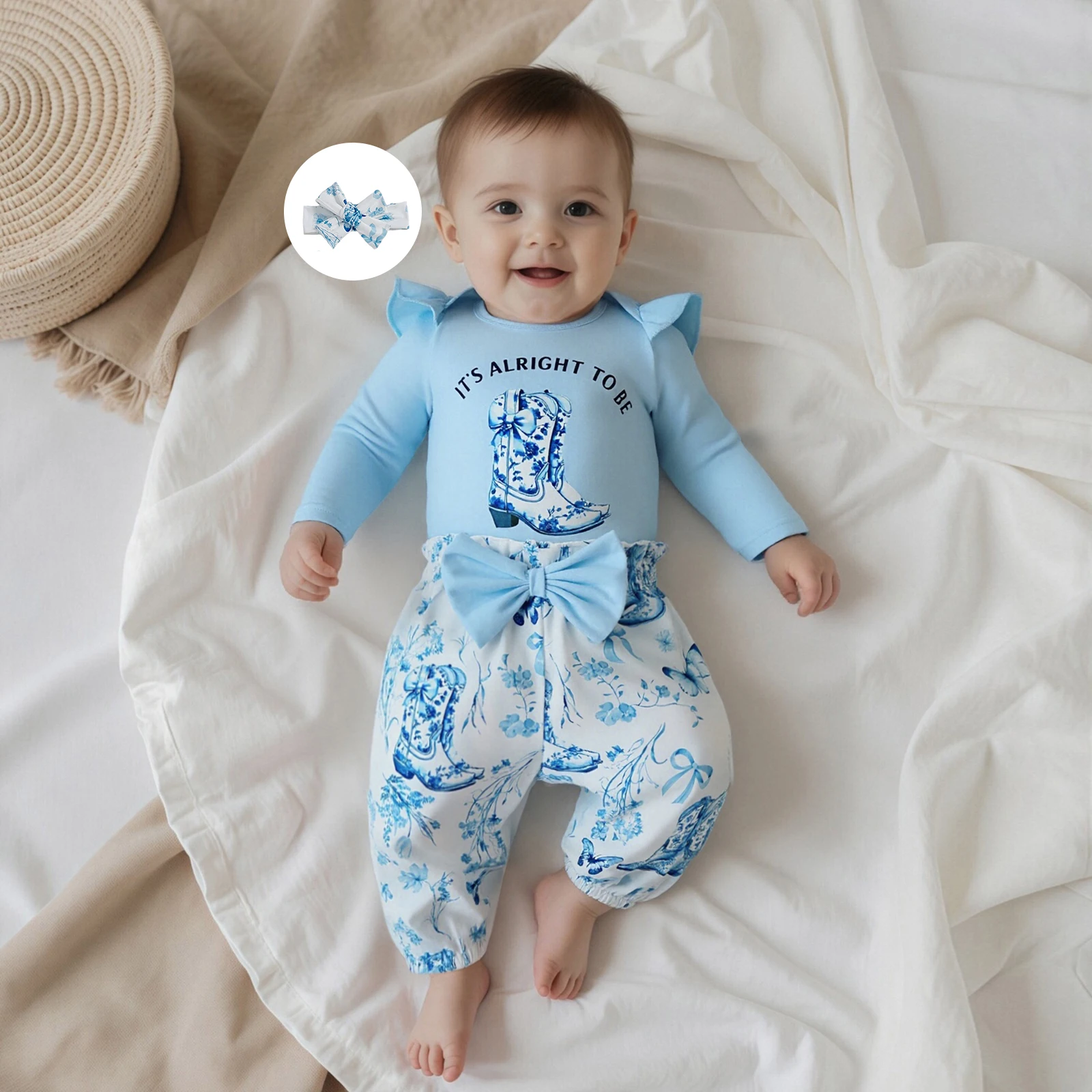 Baby Girl Western Outfits Letter Long Sleeve Round Neck Romper Floral Pants Headband 3 Pcs Set