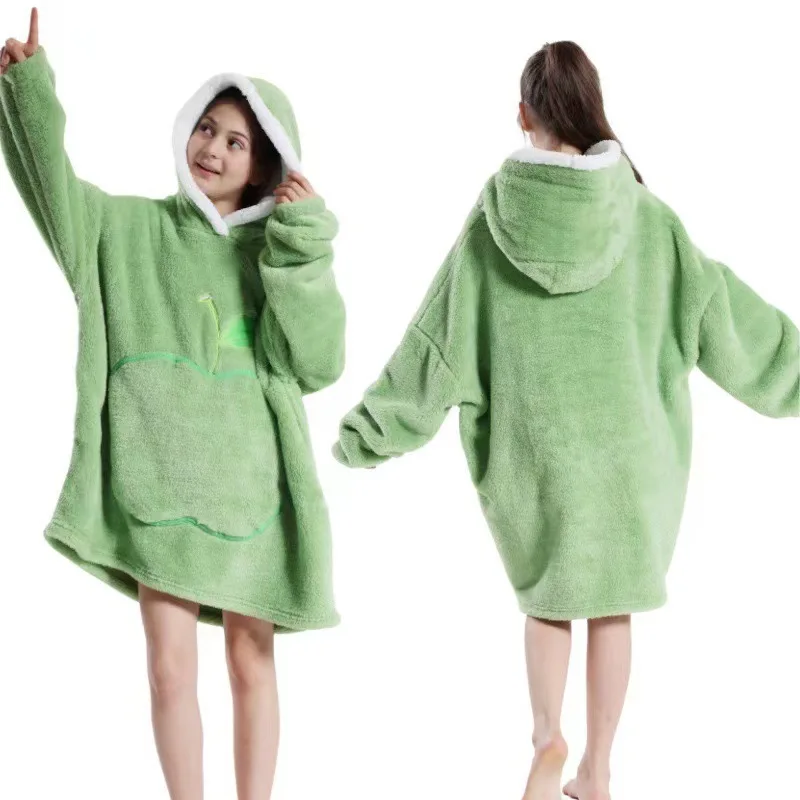 Extra Long Wearable Blankets Winter Flannel Hooded Blanket with Full Sleeves Men Women Cozy Soft Throw Adult TV Blanket