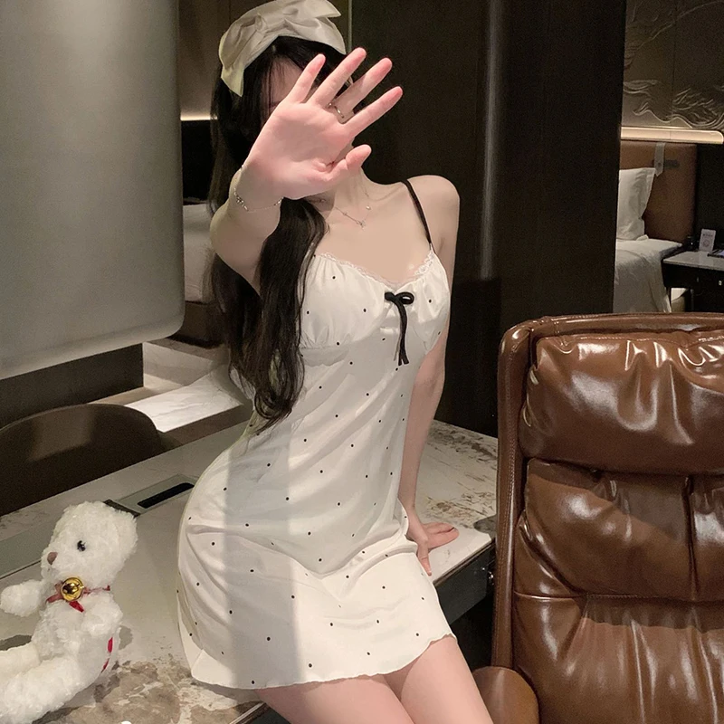 

Сексуальное женское белье, женское сладкое чистое желание, цветочный вишневый бант, ночная рубашка на бретельках с принтом в горошек