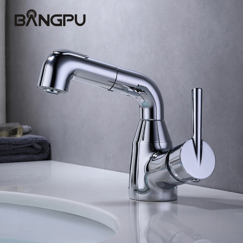 

Modern single Handle Basin Sink Faucet Deck Mounted Double Mode Bathroom Pull Down Faucet One Hole Hot and Cold Mixer Tap Chrome