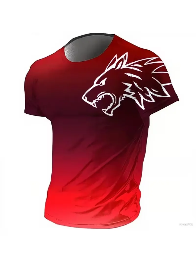 Mens T-shirt red dark gradient white howling wolf head shoulder print short sleeve crew neck wild street casual top