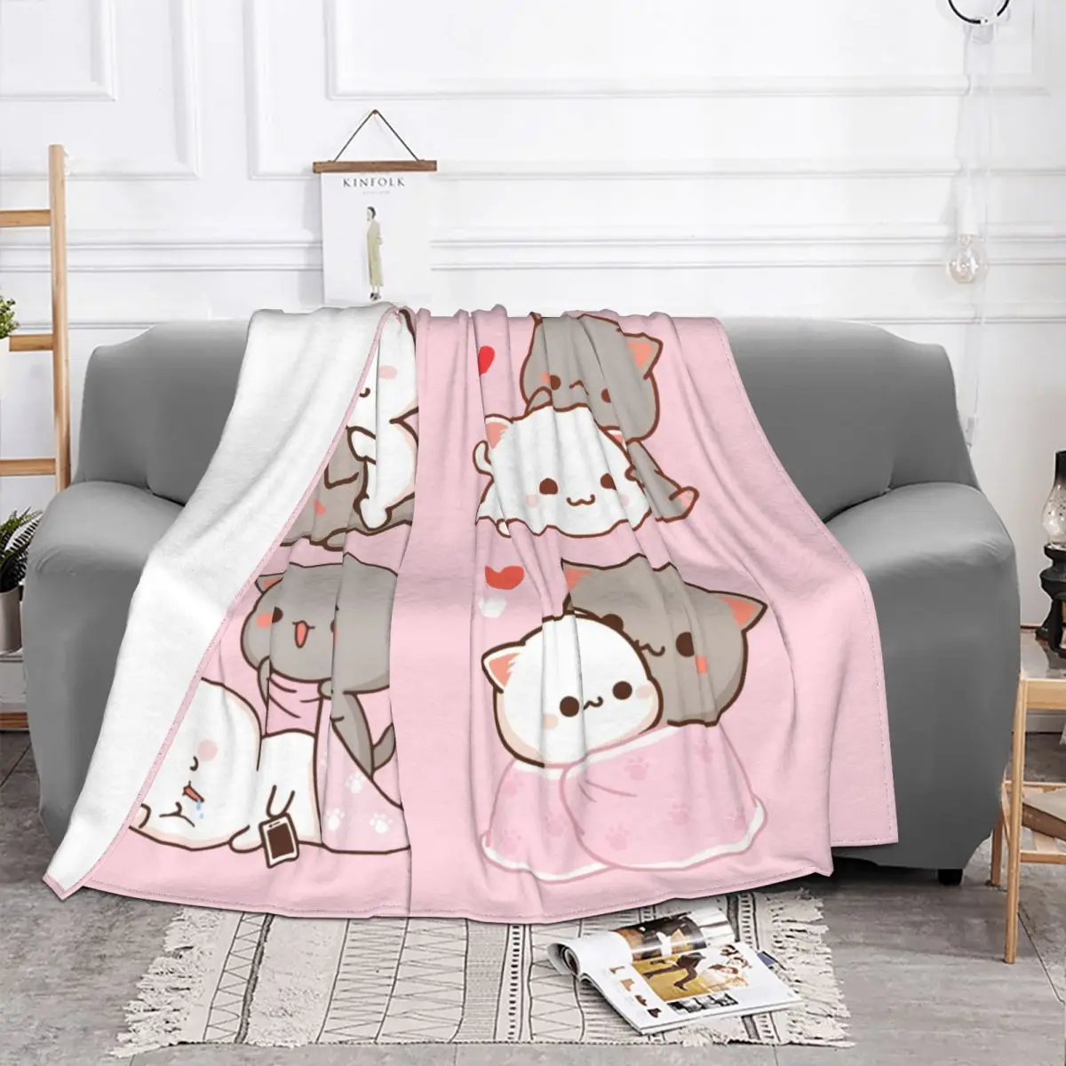 Kawaii Peach And Goma Cartoon Blankets Mocha Mochi Peach Cat Fuzzy Throw Blankets Summer Autumn Winter Soft Warm Bedspreads