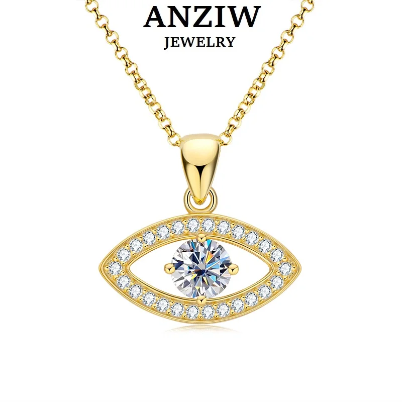 Anziw 6.5mm Round Cut Moissanite Evil Eye Pendant Necklace 925 Sterling Silver Women Minimalist Protection Choker Charm Jewelry