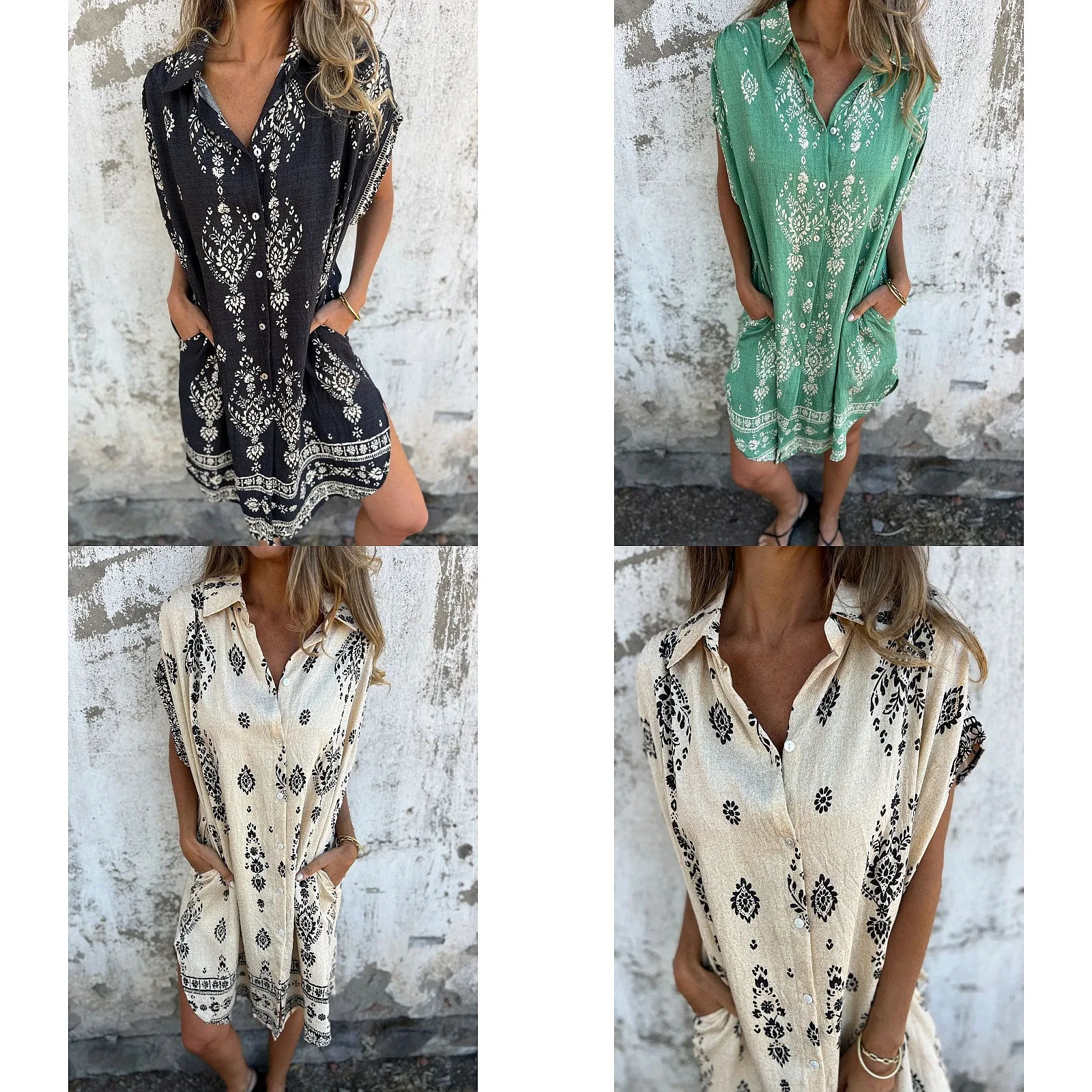 

2025 New Summer Loose Casual Short Sleeve Linen Cotton Shirt Pocket Print Dress Dresses