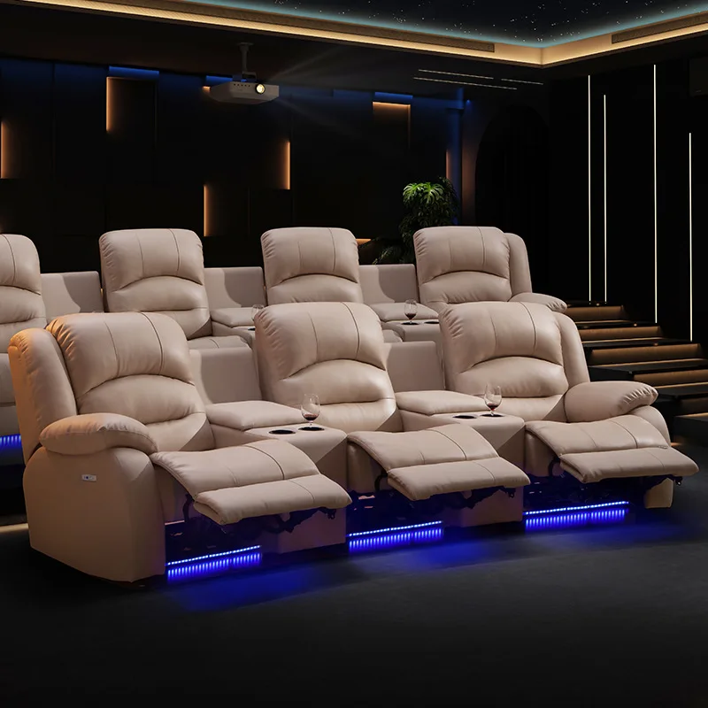 أريكة جلدية من الطبقة الأولى من جلد البقر، مجموعة فنية من الجلد الكهربائي لغرفة الفيديو وقاعة التلفزيون، كرسي أريكة متعدد الوظائف