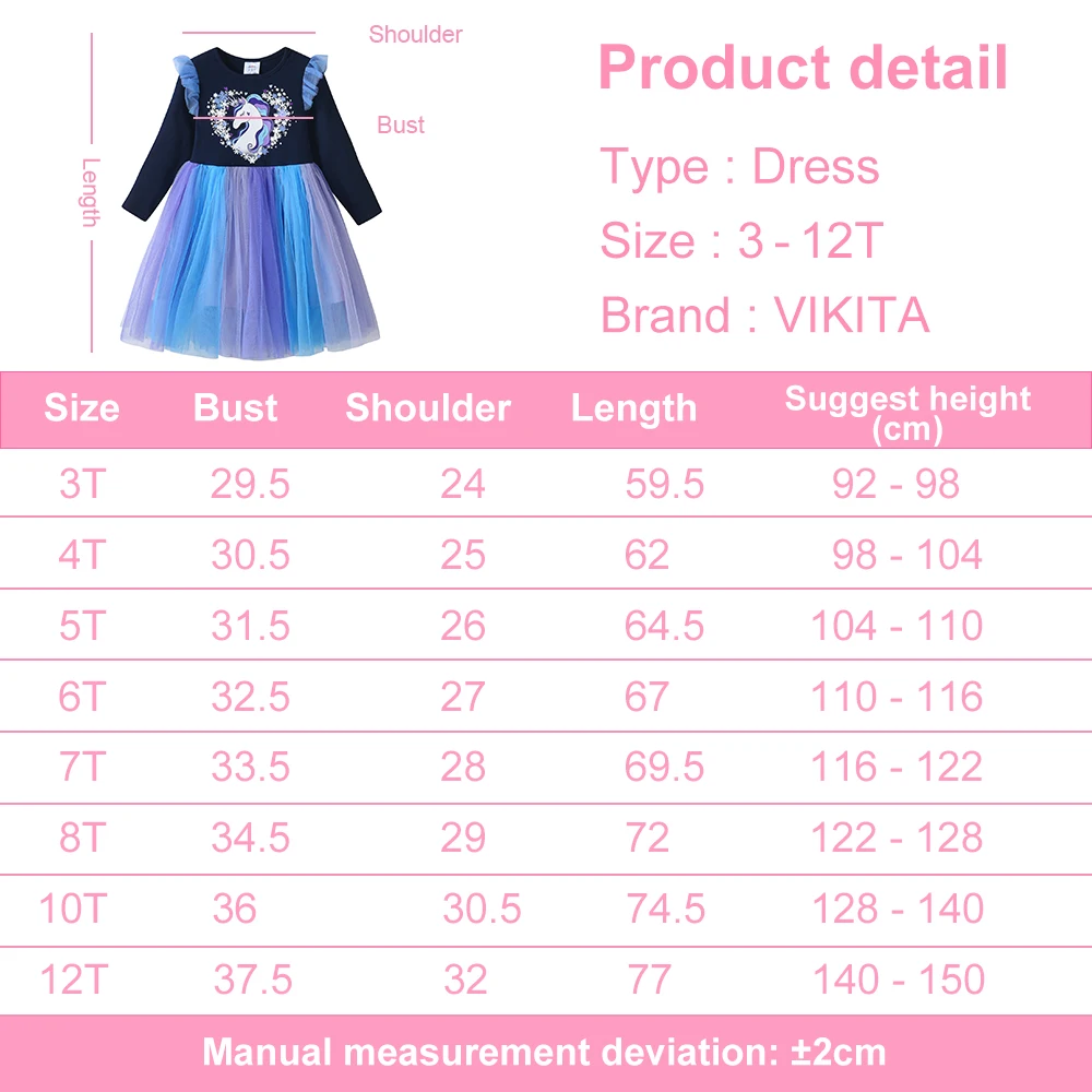 VIKITA Mädchen Prinzessin Geburtstagsparty Elegantes Kleid Kinder Langarm Rüschenärmel Herzform Einhorn Buntes Süßes Kleid – Detail 1