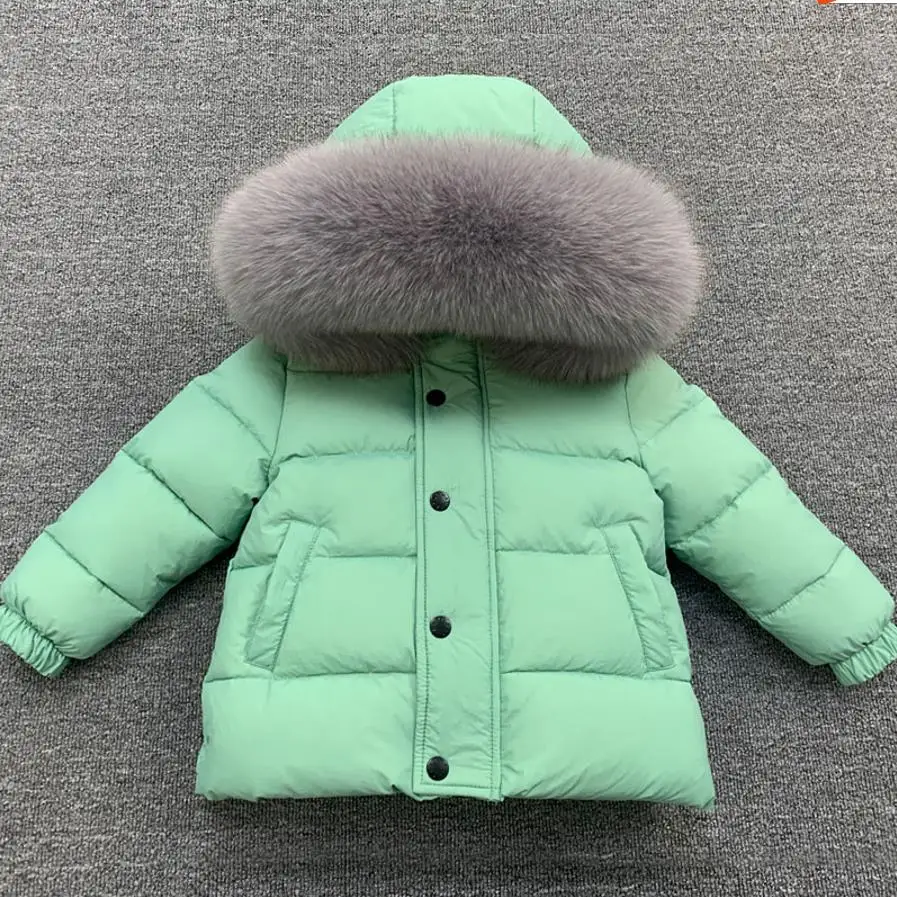 New Russian Winter Down Jacket 90% White Duck Down Coat Big Real Fur Collar Thicker Children Hooded Parka Kids Down Coat Wz964