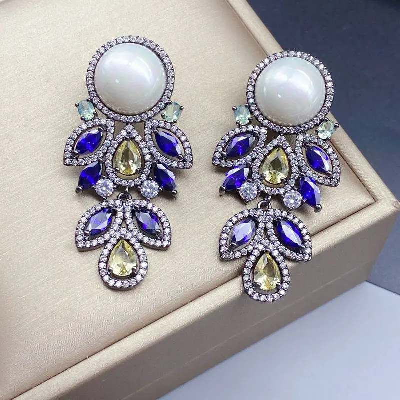 Bilincolor Retro White Pearl and Purple and Yellow Leaf Drop Earring for Women