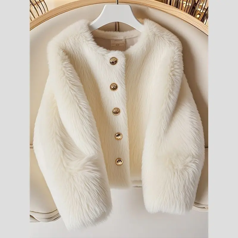 Autumn Winter New Unique Super Good-looking Fur Jacket Outwear Women's Tops Fashion Loose High-End Plush Short Round Neck Jacket