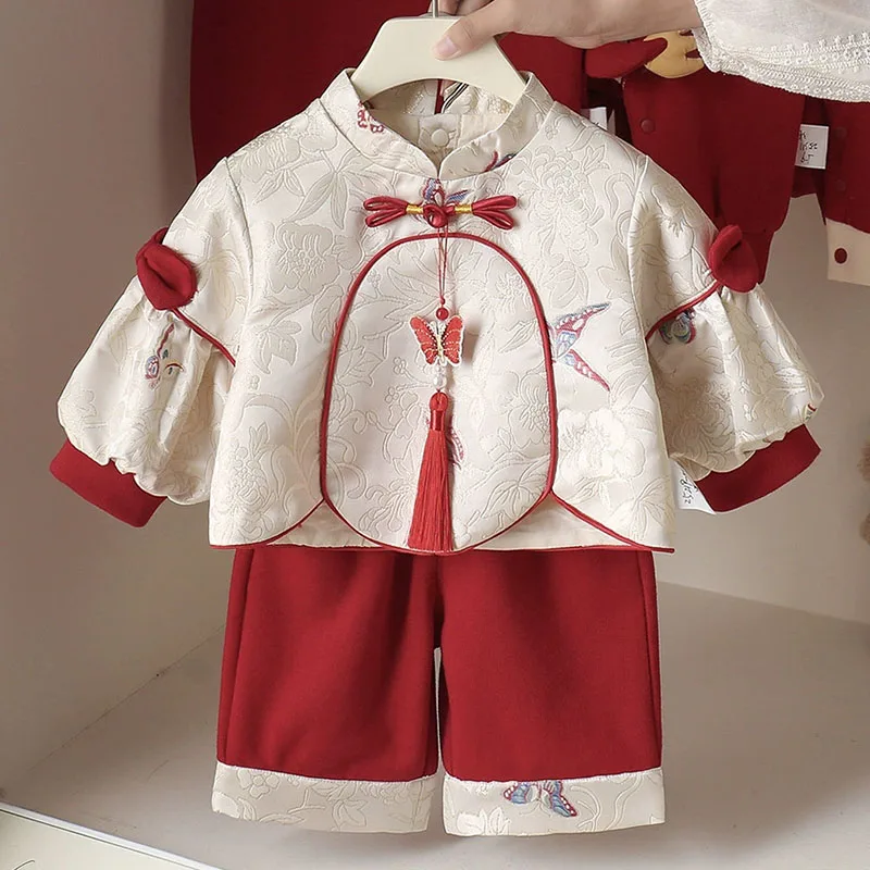 

Комплекты из 2 предметов, весенне-осенняя одежда для новорожденных девочек, топы с длинными рукавами и штаны в китайском стиле с вышивкой и цветами на день рождения, детские товары B274