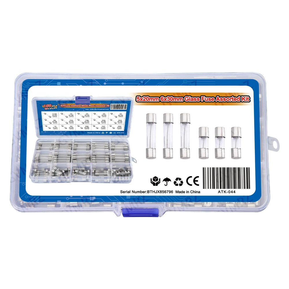 150PCS 10A 15A 20A 30A 15value 5x20mm 6x30mm Glass Fuse Assorted Kit Box 0.25A 0.5A 1A 2A 3A 5A 8A 5x20 6x30