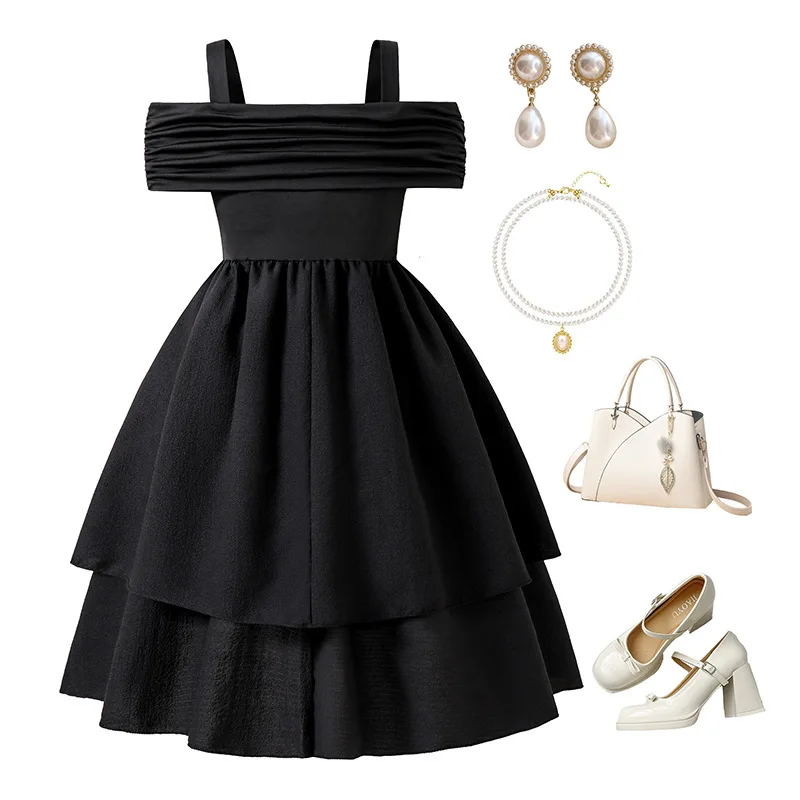 2026 New Tween Girl Summer Dress Off Shoulder Ruffle Pleated Double Layer Flared Princess Gown for 130-170cm