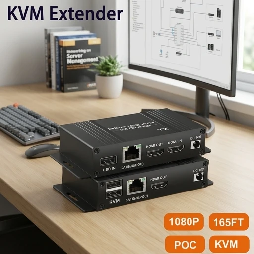 

USB HDMI KVM Extender Over Ethernet 1080P, 2-Port USB 2.0 Hub for Mouse Keyboard PC Control