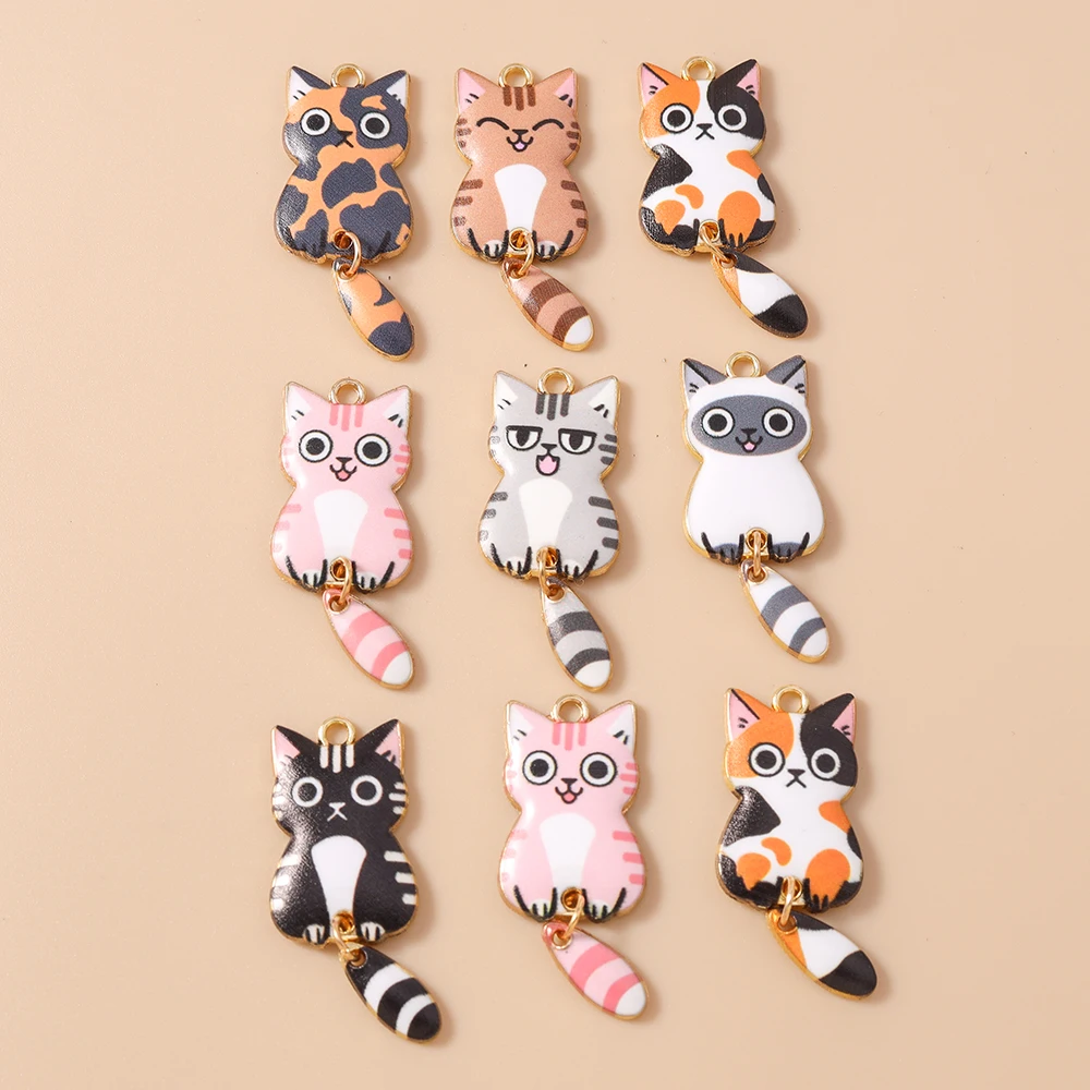 Leslie 10pcs Colorful Striped Cat Charms Lovely Cute Spotted Cat Pendants For Necklace Earring Keychains Diy Jewelry Making
