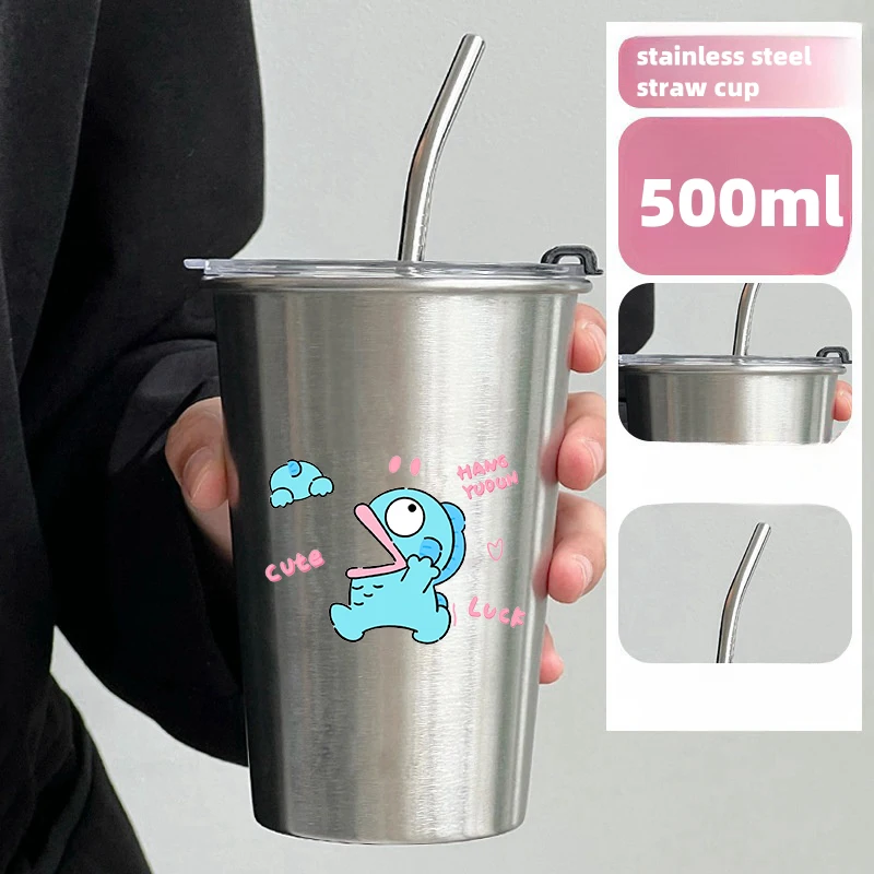 500ml Anime Hello Kitty Sanrios filiżanka kawy ze słomką pokrywka Kawaii Kuromi Melody Hangyodon szczelna butelka na wodę ze stali nierdzewnej