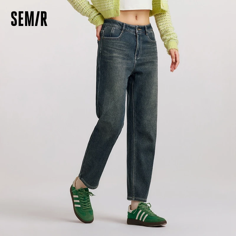 Spodnie damskie Semir Jeans z polaru, postarzane, długie, retro, nowość na zimę 2025, wyszczuplające, z prostymi nogawkami. — zdjęcie 4