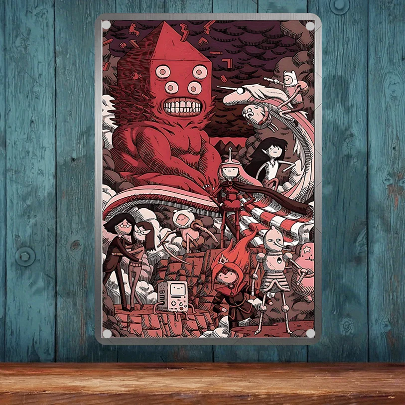 1 pieza de arte de pared de metal de monstruo rojo y aventureros estilo retro de dibujos animados, 20,07x30,23 cm, letrero de estaño vintage sin marco, ideal para