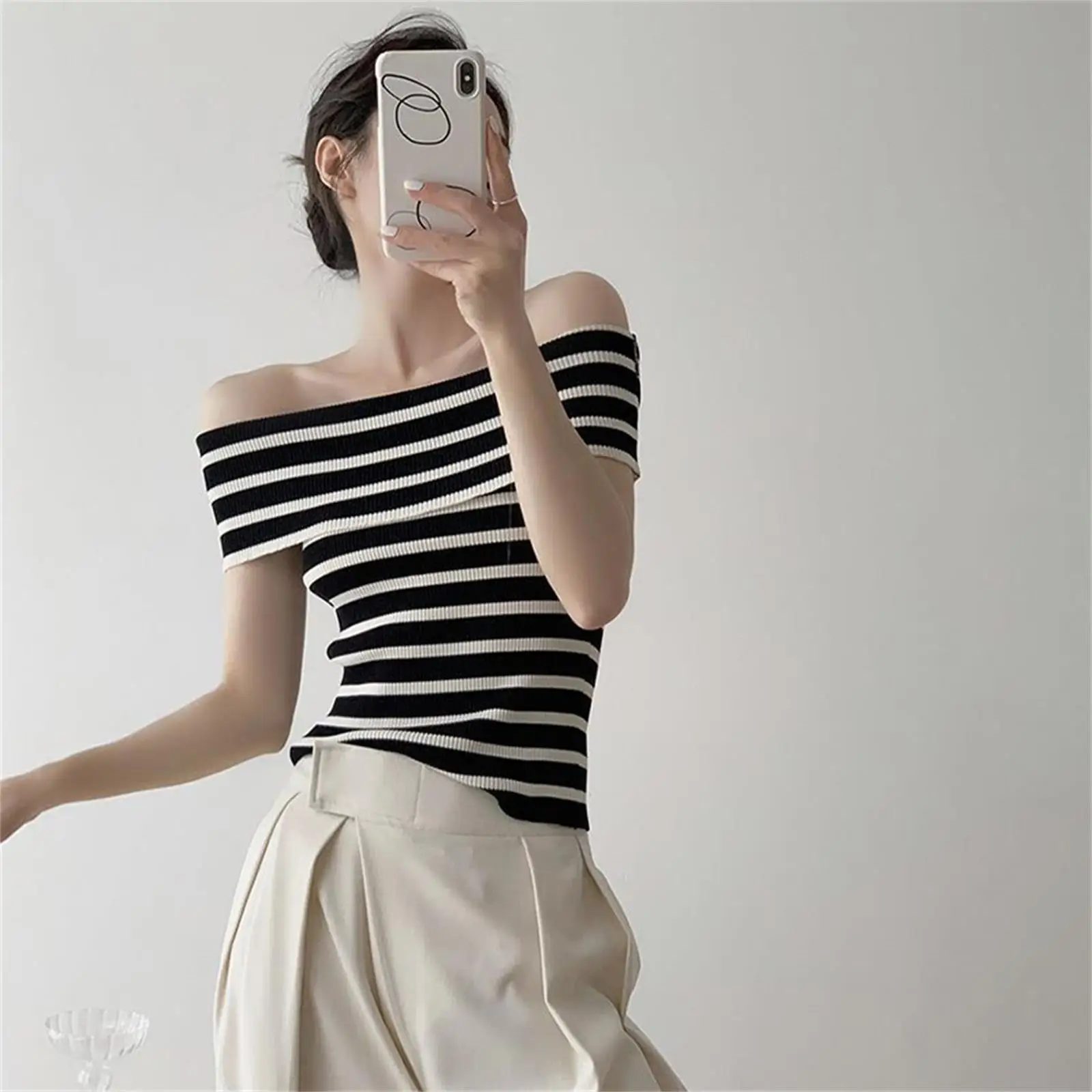 2024 Summer Fashion Striped Knitted T-shirt Women Sexy Off Shoulder Short Sleeve Slim Top