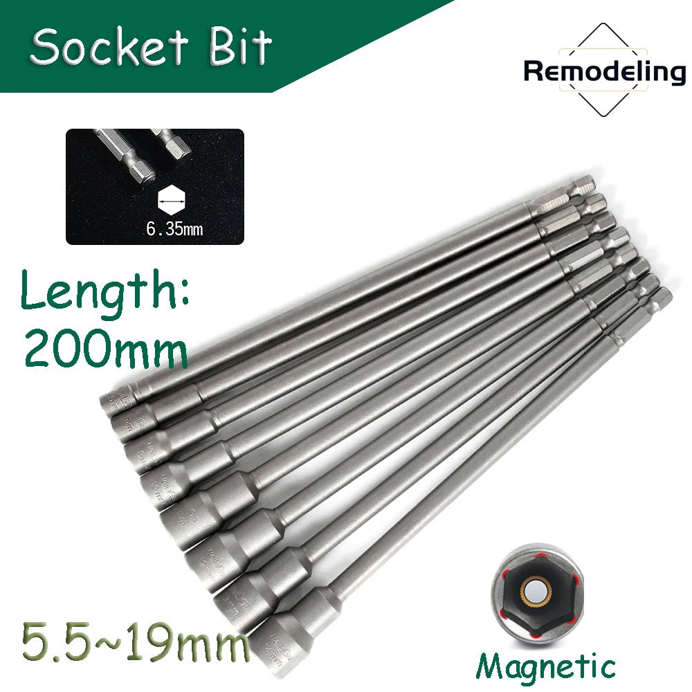 

Socket Bit 5.5~19MM Magnetic Electric Wrench Socket 200mm Length Impact Socket Adapter for Power Tools 1/4 in. Hex Shank