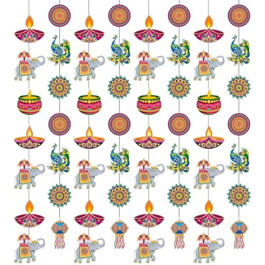 8 Pcs Happy Diwali Hanging Decoration Supplies Indian Festival of Lights Hanging Banner Deepavali Suture Paper Circle Garland D