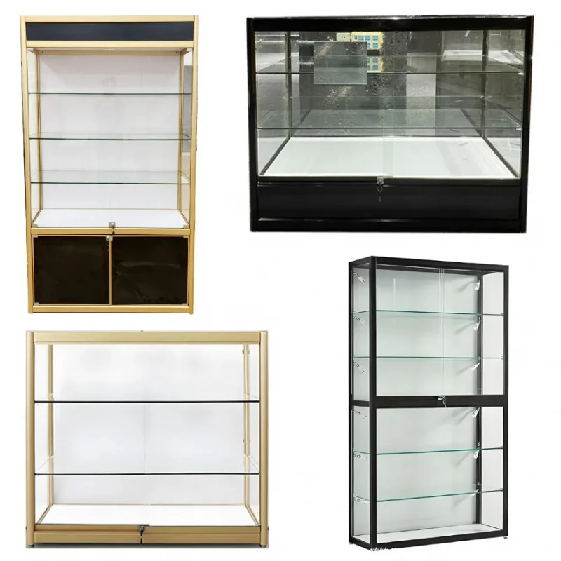 custom.Display Modern Large Gold Jewelry Display Showcase LED Light Waterproof Lockable Floor Standing Glass Shelf Store