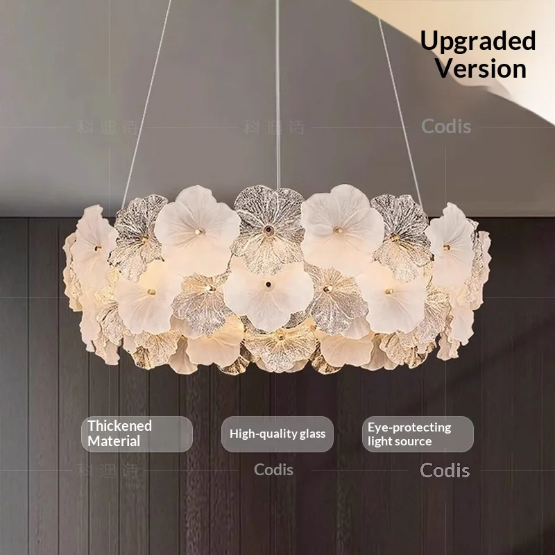 2026 New Modern French Glass Flower Chandelier Dimmable Full Spectrum LED Ceiling Lamp for Living Room Dining Room Hall