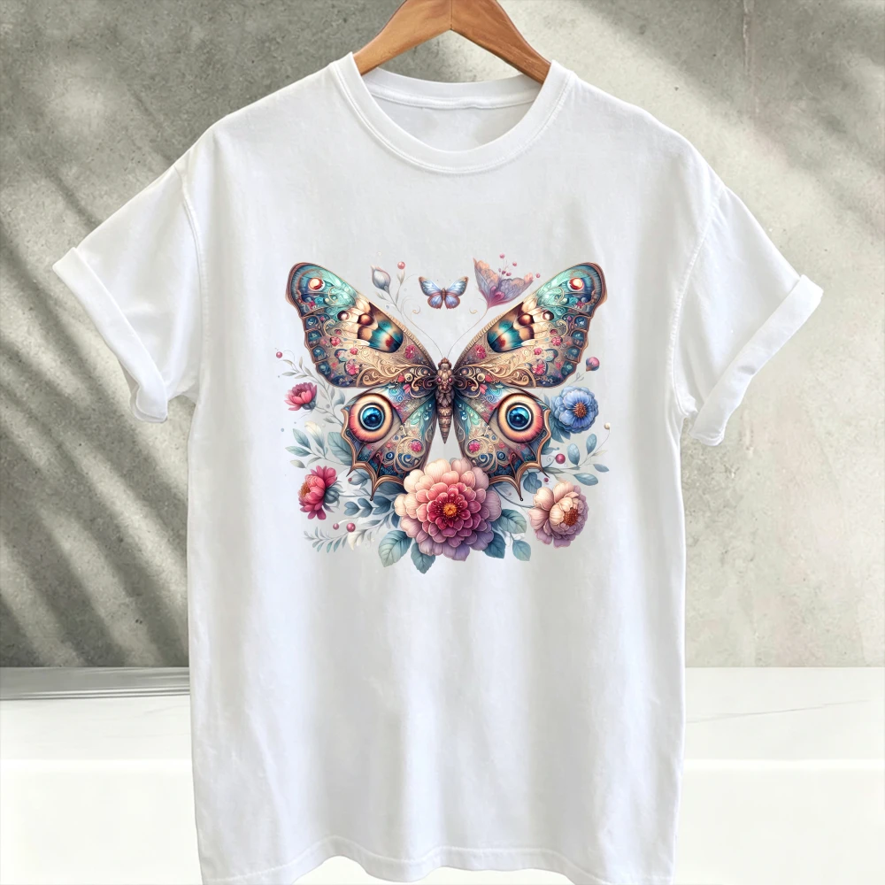 Women's Vintage Boho Botanical Butterfly Printed Cotton T-Shirt Ornate Wildflower Floral Nature Short Sleeve Aesthetic Clothes