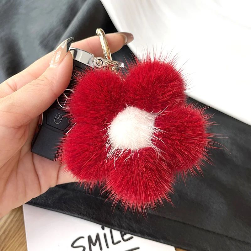 Cute Real Mink Hair Small Flower Keychain Bag Purse Car Key Ring Pendant Fashion Natural Mink Fur Keychain New Style Giffs