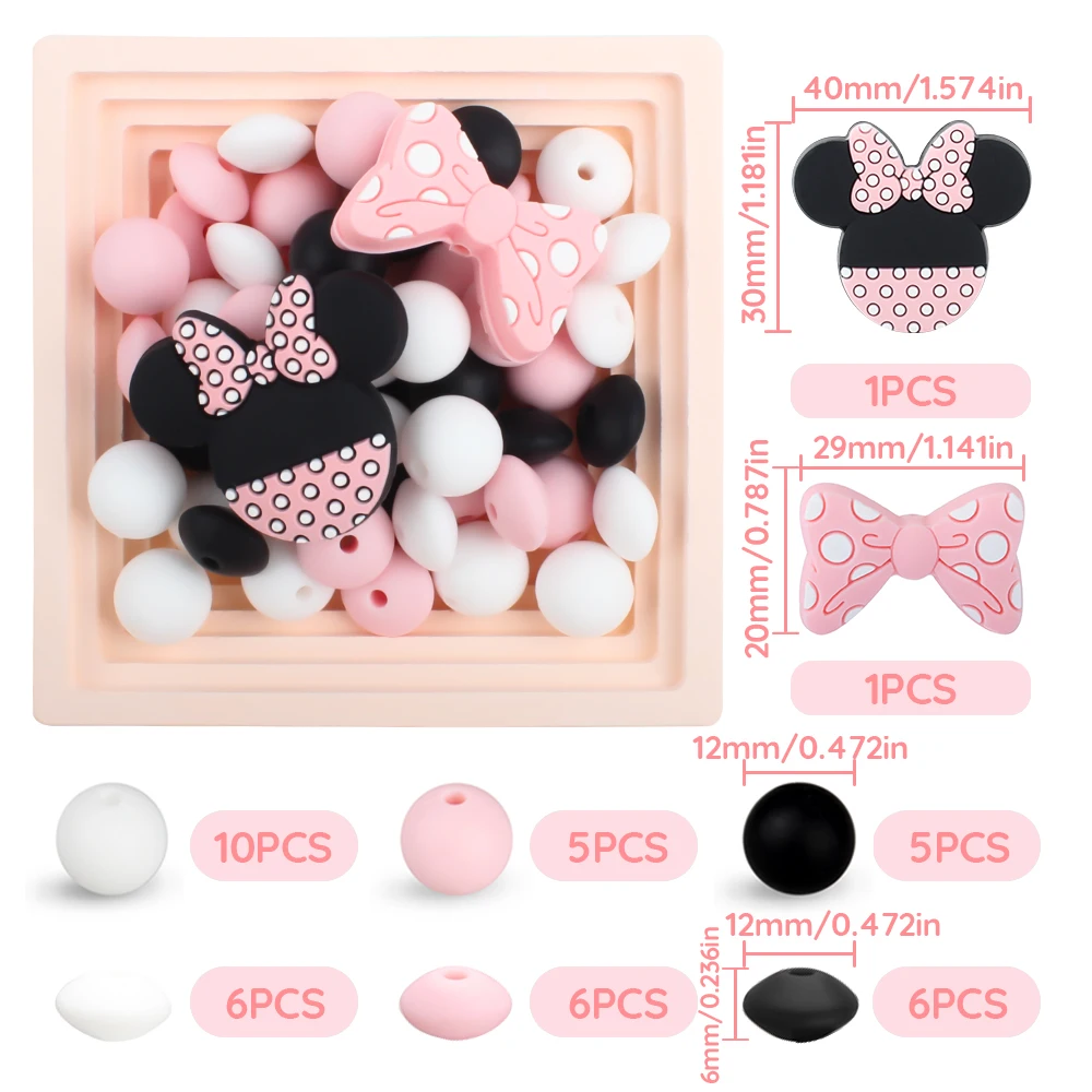 40 pz/set Set di perline in Silicone per bambini Bowknot 12mm perline per dentizione rotonde a forma di topo massaggiagengive per ciuccio accessori