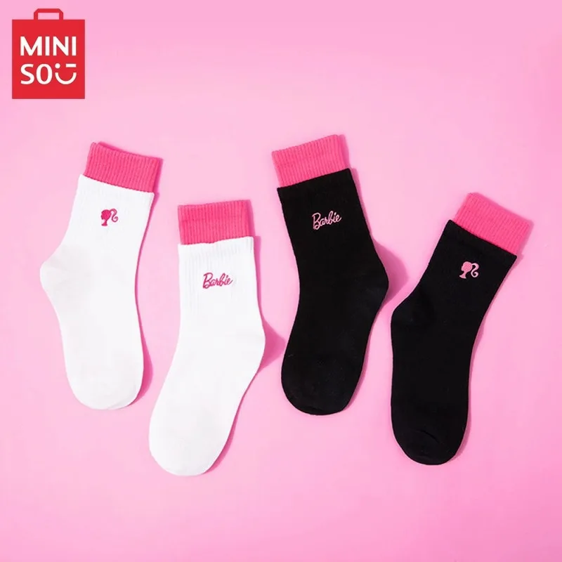 Miniso Barbie-calcetines de tubo bordados Kawaii para mujer, calcetines apilados deportivos, accesorios de lolita, moda de invierno