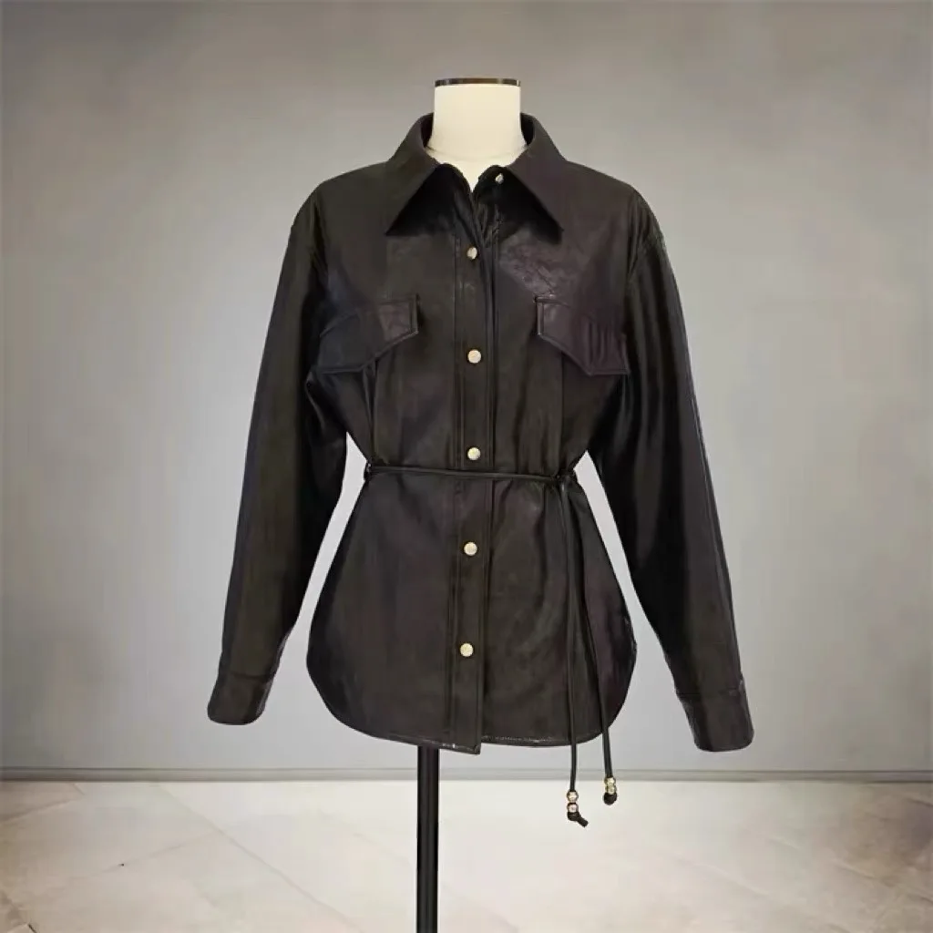 NingYao MIC26 Autumn Casual  Collar Commuter PU Jacket with Waist Belt Motorcycle Style Loose Fit Long Sleeve Short Coat ...