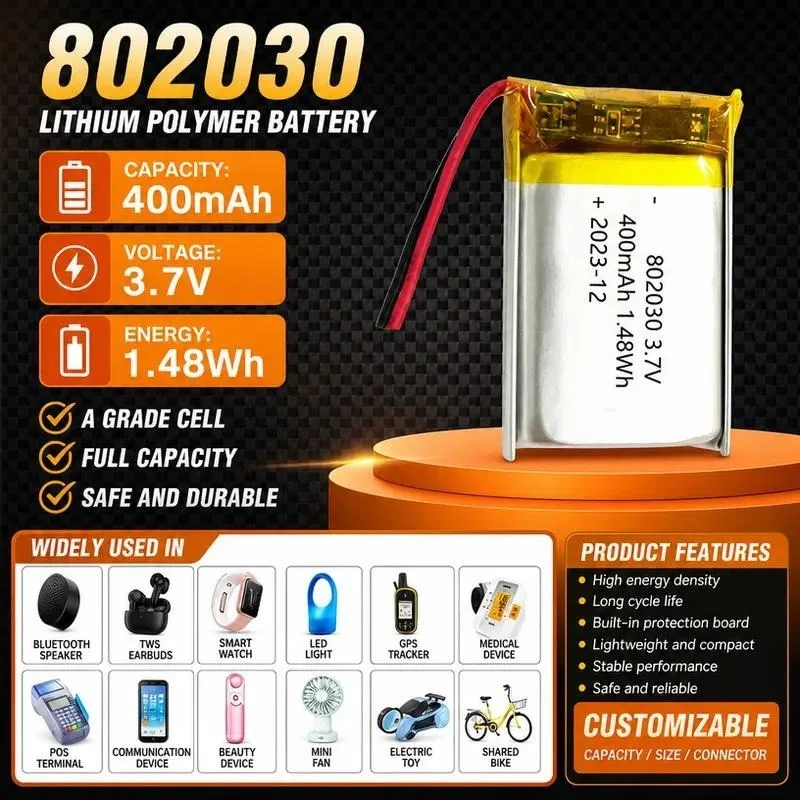 100pcs 802030 Polymer battery 400mAh wireless remote control Smart speaker Bluetooth headset 3.7V rechargeable