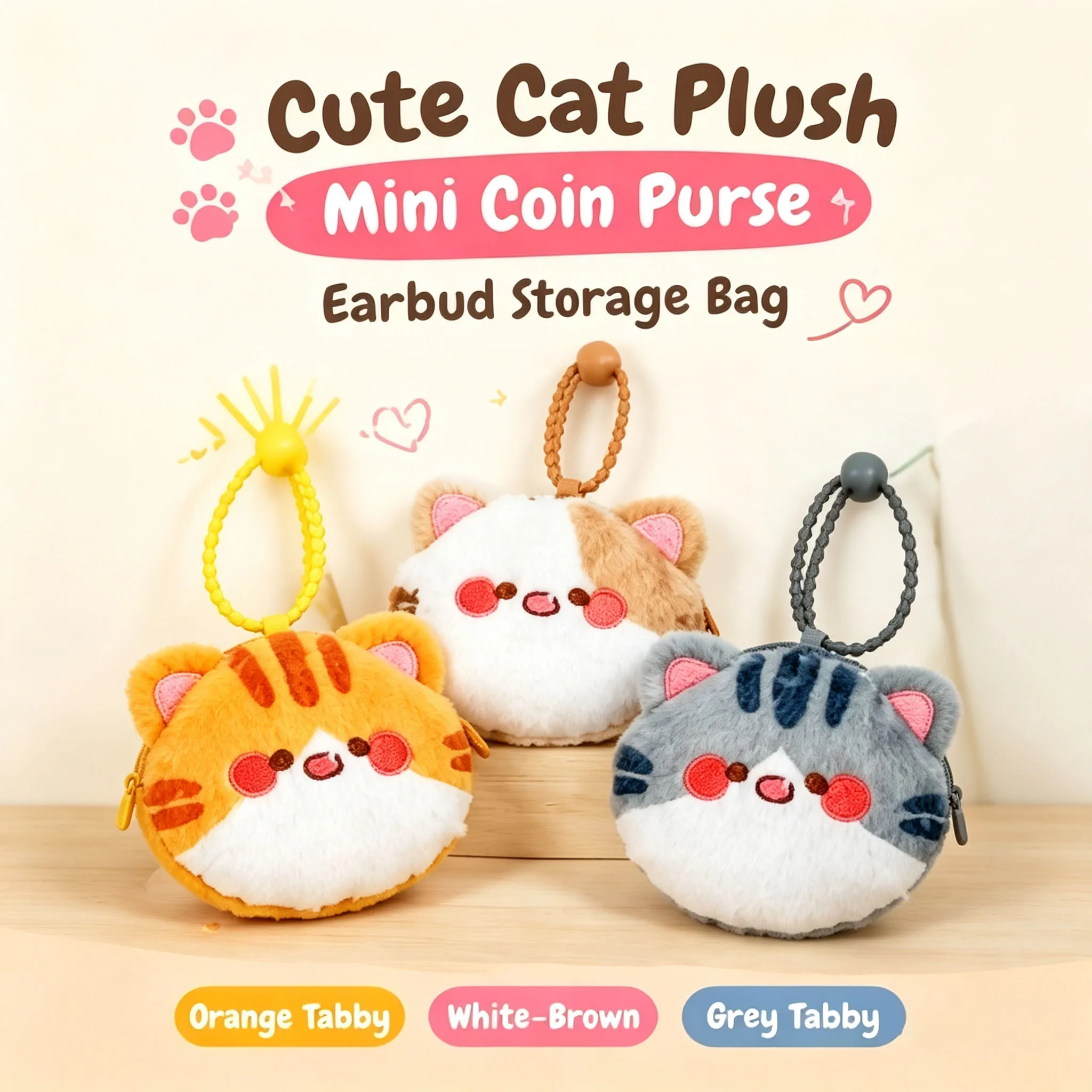Cute Cat Plush Mini Coin Purse Earbud Storage Bag with Lanyard Cartoon Small Zipper Pouch Bag Charm Keychain for Girls Gift