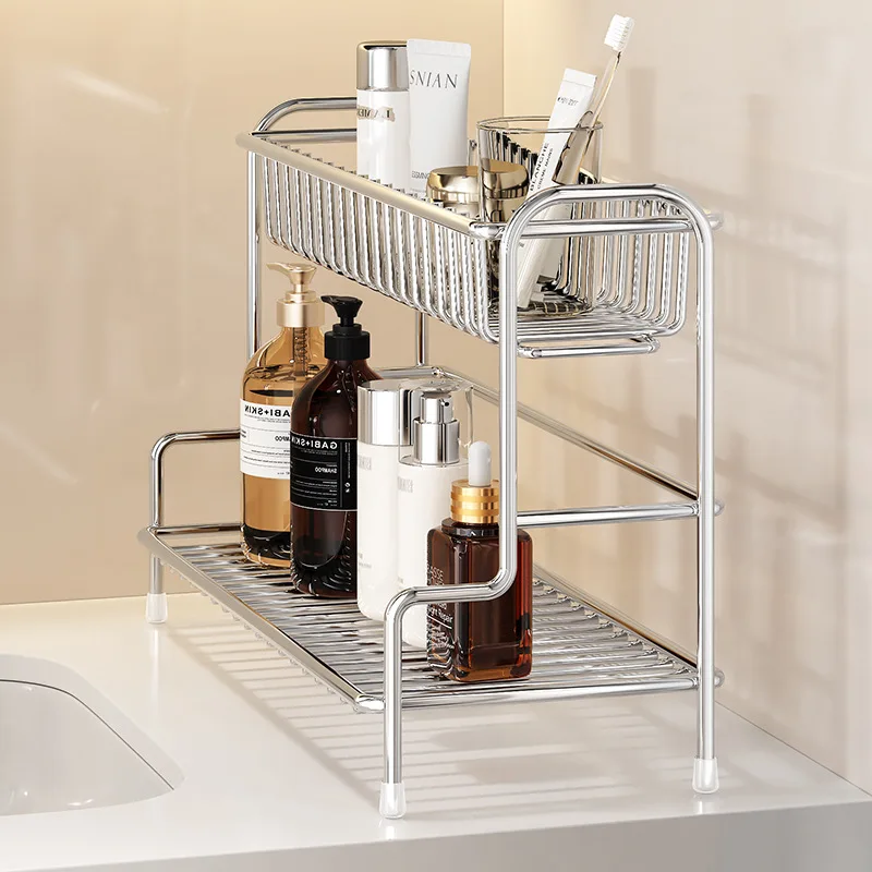 HT  Washing table Stainless steel storage Double-layer rack Toilet drain  Desktop storage Two-layer finishing rack