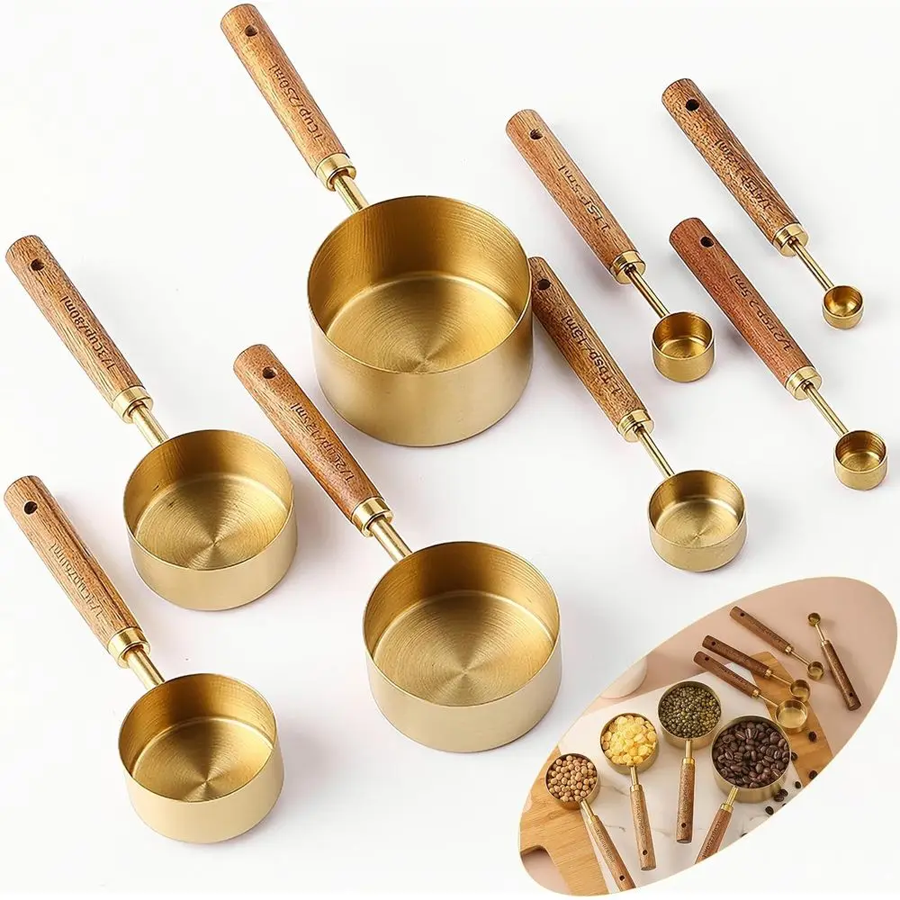 

8Pcs Measuring Cups and Spoons Set - Stainless Steel Measuring Cups with Wooden Handle, Metal Measuring Spoons Set Nesting Kitch