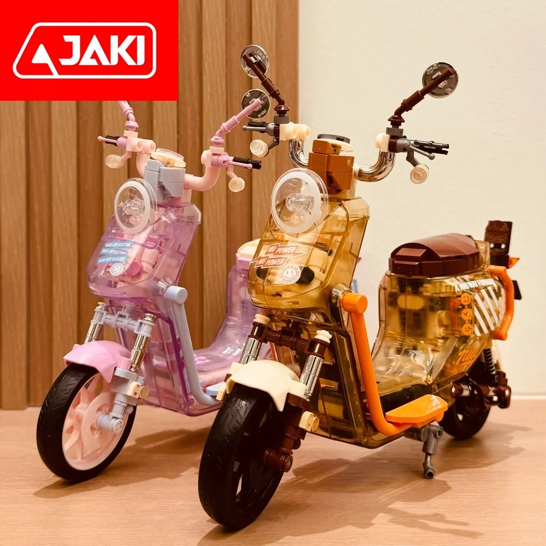 Bloques de construcción JAKI genuinos, modelos de motocicletas con luces, juguetes para bicicletas eléctricas, adornos de moda, regalos de Año Nuevo para niñas