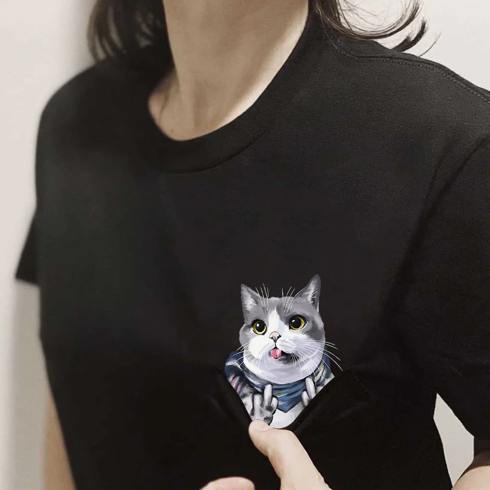 CLOOCL Funny Kitten Cotton T-Shirts Cats Sticking Out Tongues Middle Finger Pocket T-shirt Mens Women Short Sleeve Shirts