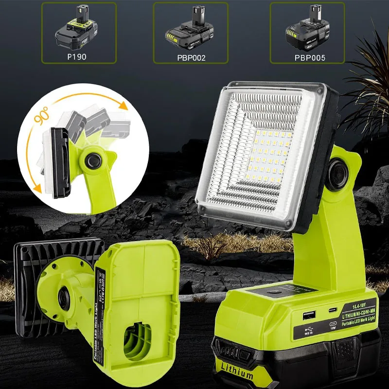 RYOBI 18V 리튬 배터리용 LED 작업등 손전등 스포트라이트, USB C타입 포트, 야외 비상 조명, P108 P104