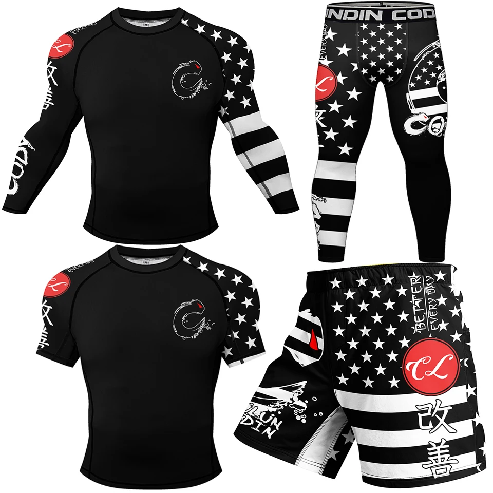 Nowi mężczyźni odzież sportowa kompresyjna garnitury MMA t-shirty odzież boks trening Jogging zestaw sportowy bieganie Rashguard dres dla mężczyzn