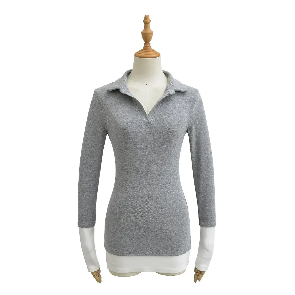 

Women's Long Sleeve V-Neck T-Shirt Contrast Color Stitching Soft Waxy Fabric Autumn Polo Skin-Friendly Simple Design Top