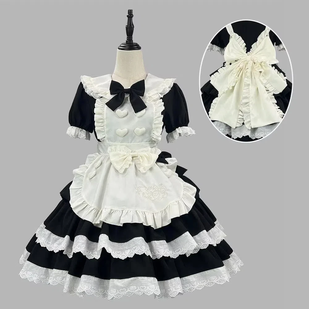 

2025 Black Lolita Dress Anime Maid Cosplay Costume with Bow Apron Servant Dress Comic-Con Outfit Women Dress Up