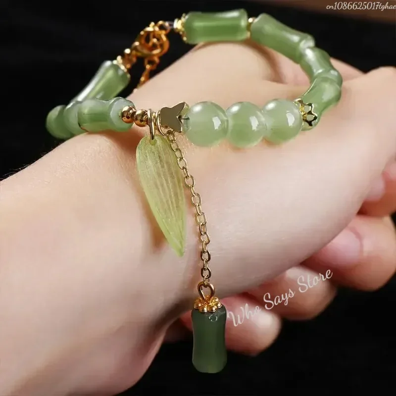 Chinese Style Green Bamboo Bracelet Bamboo Shape Leaf Imitation Jade Bracelet Classic Fashion Leaf Pendant Bracelet