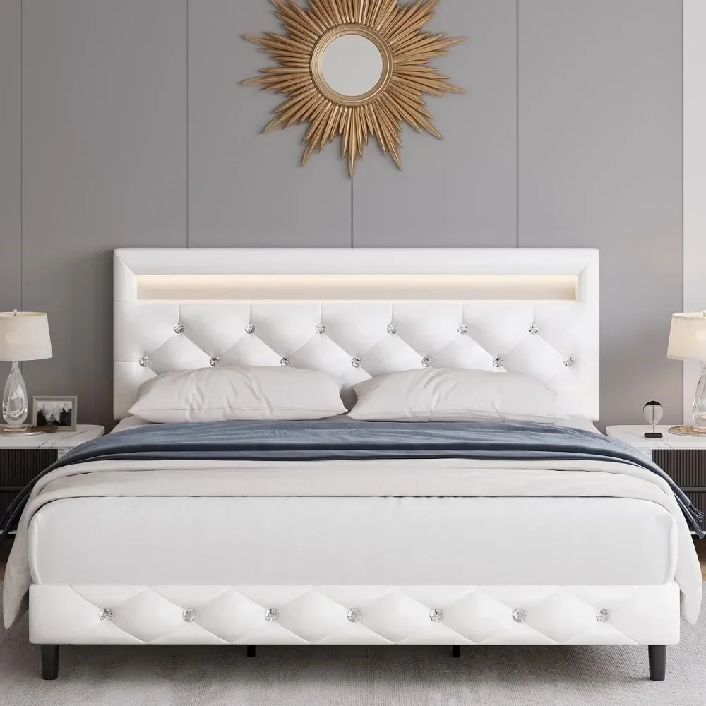 

For Full Size Platform Bed with LED Lights, Adjustable Tufted Headboard, Wood Slats - White