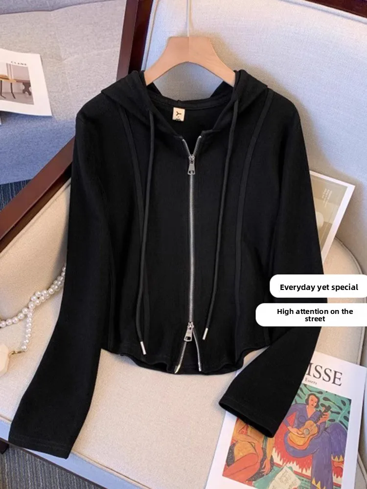 Black V-Neck Long Sleeve Hoodie Women's Autumn Large Size Fat MM Outer Cardigan Slim Double Zipper Top Korean Style Commute