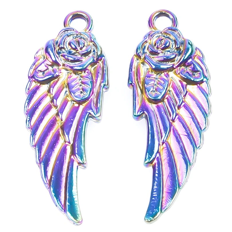 2pcs/Lot Punk Rose Flower Wings Leaf Rainbow Color Charms Angel Feather Wing Metal Pendant For Jewelry Handmade Crafts Material