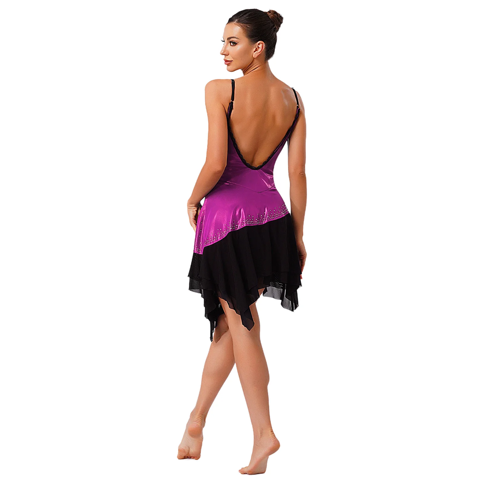 Womens Latin Lyrical Dance Dress Ruched Metallic Shiny Mesh Rhinestones Tiered Hem Contrast Color Sling Dress for Figure Skating
