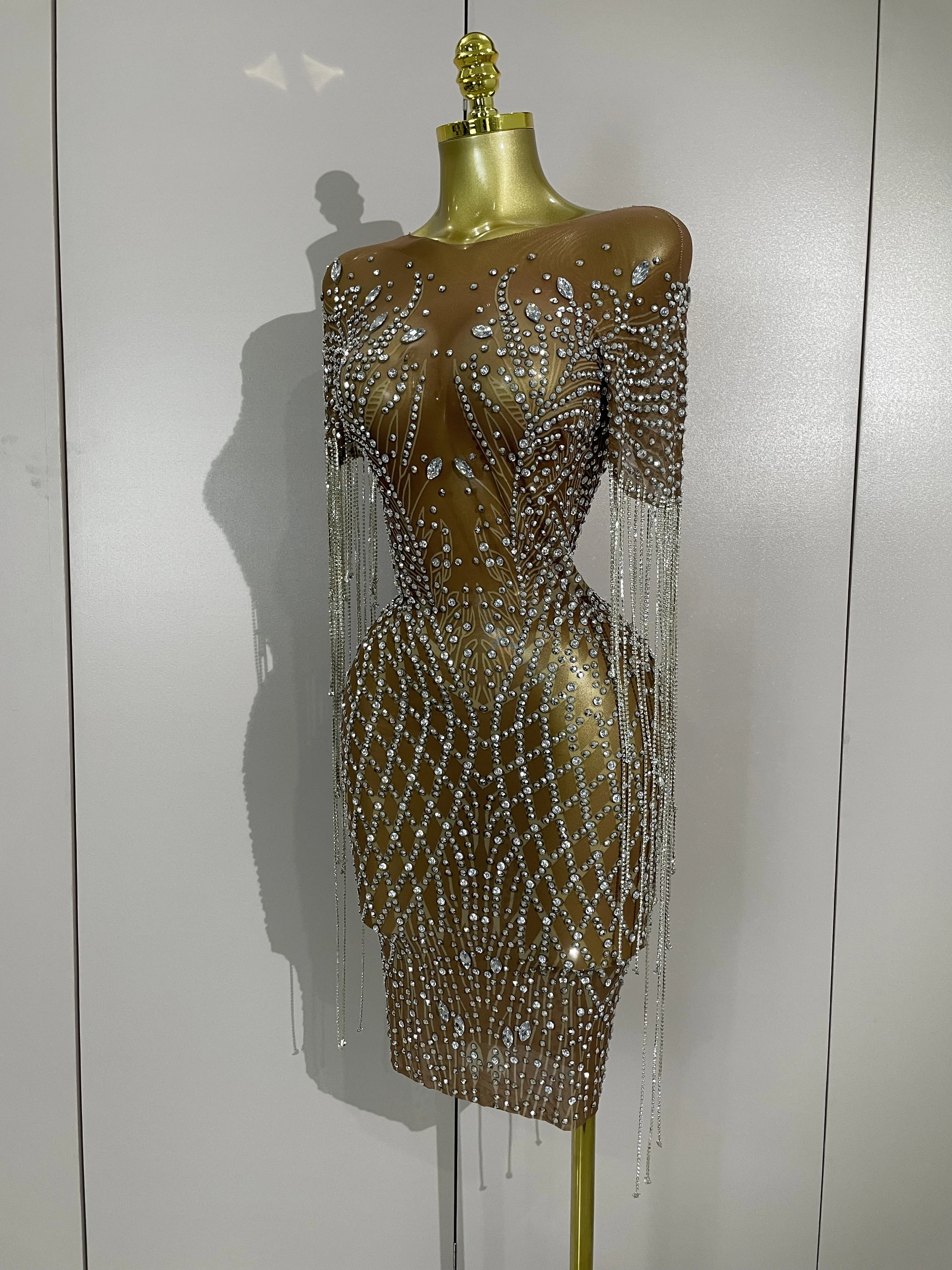 Women Luxery Sparkly Rhinestones Tassel Transparent Mesh Stretch Dress Evening Celebrate Birthday Party Dress Sexy Stage Costume