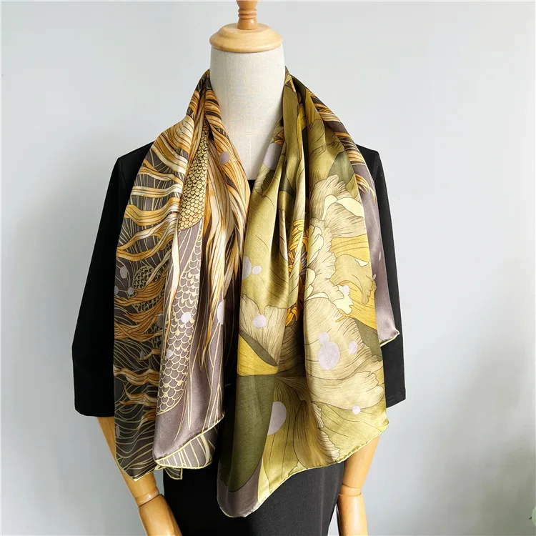 OMEA 100% Real Silk satin 12mm Large Square Scarf 110x110cm common carp gold Peony flower Luxury Accessories Hijab Handroll Head