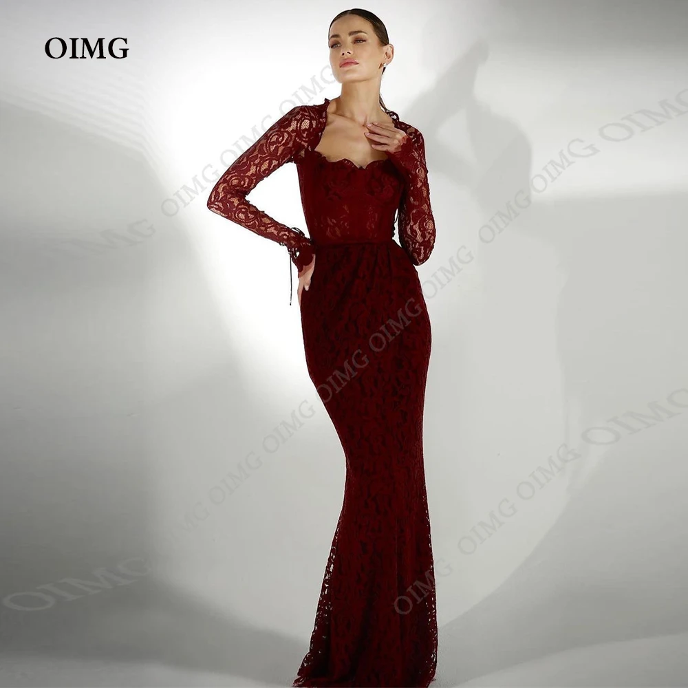 

OIMG Burgundy Lace Custom Sexy Prom Dresses Flower Embroidery Sweetheart Long Sleeves Mermaid Party Gown Formal Evening Dress