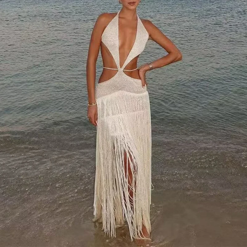 Summer Vacation Beach Maxi Dresses Sexy Hollow Out Halter Tassel Boho Dress Women Spring Solid Backless Lace-up Long Dress Mujer
